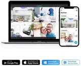 KAAMERAMAAILM.EE - Sülearvuti ja nutitelefon kuvab Reolink RLC-511WA 5MP Dual Band WiFi Valvekaamera rakendust 5X Zoomiga, mis näitab reaalajas mitme ruumi ülesvõtteid. Allpool kuvatakse rakenduse all (2/5)