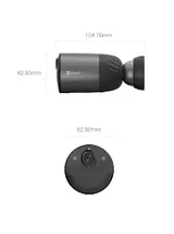 KAAMERAMAAILM.EE - Musta EZVIZ BC1C 2MP turvakaamera (sama nagu BC1, aga töötab otse Wifi pealt), 104,76 mm pikk ja 62,80 mm läbimõõduga, külje- ja esiosa vaated koos märgistatud mõõtmetega. (2/5)
