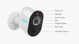 KAAMERAMAAILM.EE - Valvekaamera Reolink Argus 3 (Valge) PRO 2K 4MP juhtmevaba kaamera koos liikumisvalgustusega märgistatud skeemil on teravalt näidatud oleku LED, kohtvalgustus, 6 IR LED, objektiiv, (4/5)
