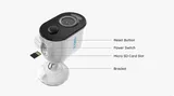 KAAMERAMAAILM.EE - Valvekaamera Reolink Argus 3 (Valge) PRO 2K 4MP juhtmevaba kaamera koos liikumisvalgustusega on näidatud märgistatud osad: reset-nupp, toitelüliti, micro SD kaardi pesa (kaart osali (5/5)