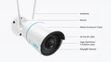KAAMERAMAAILM.EE - Reolink RLC-510WA 5MP Dual Band WiFi valvekaamera isiku ja sõiduki tuvastusega märgistatud skeemil on näha selle antenn, kinnitus, metallist alumiiniumist korpus, 18 IR LED-i, HD f= (3/5)