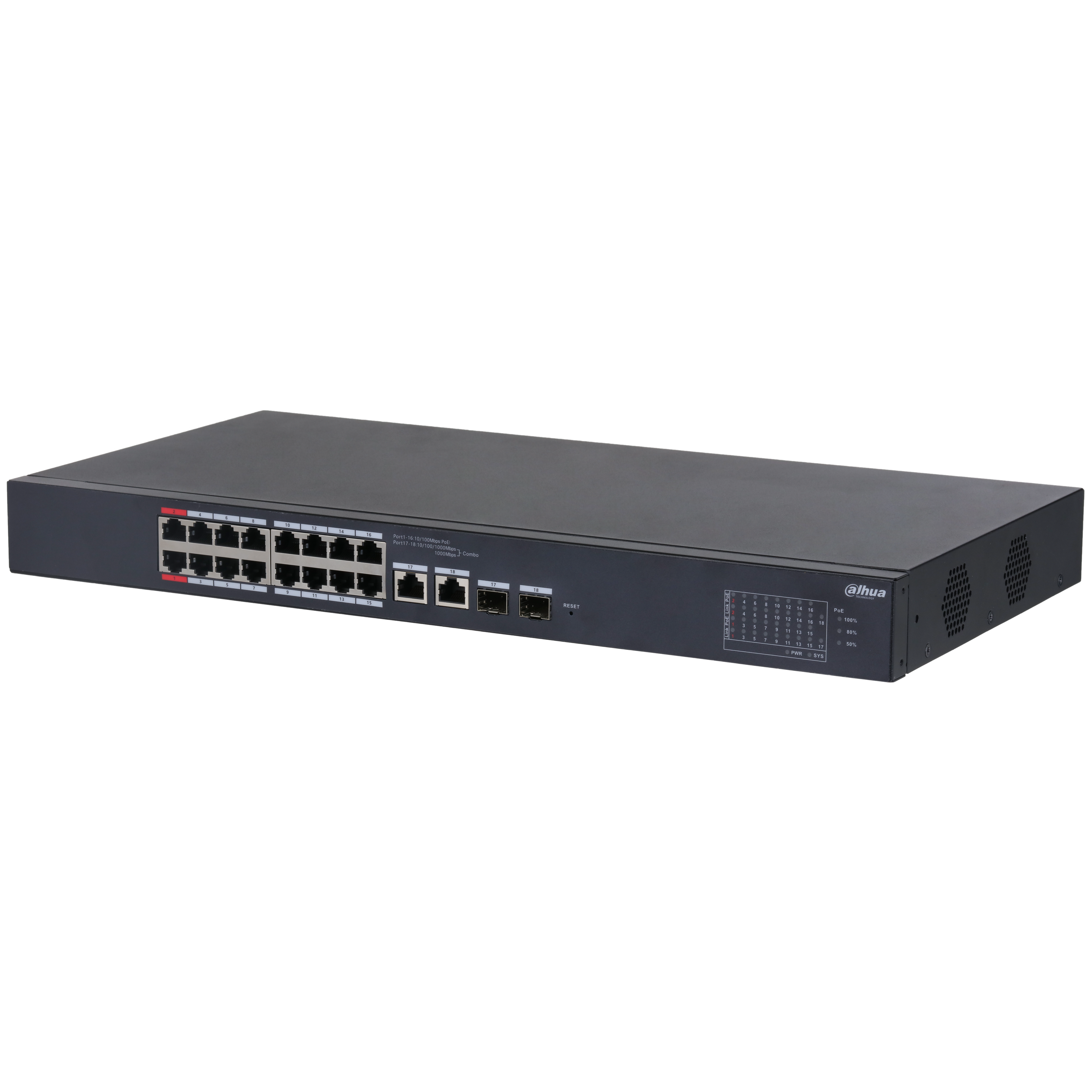 Dahua CS4218-16ET-135 DoLynk Care manageeritav switch • 16*10/100Mbps PoE + 2*Gbps combo • 135W
