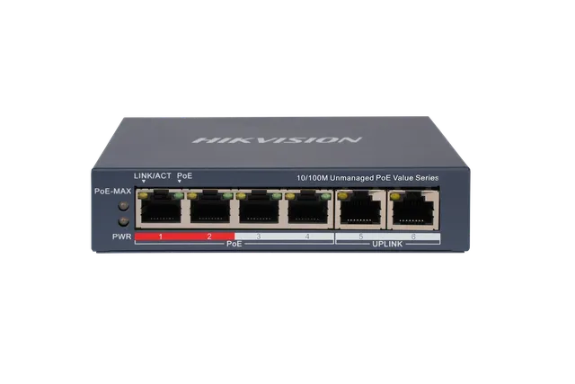 Switch DS-3E0106P-E/M(B) 4 Port kiire Ethernet Unmanaged PoE | kaameramaailm.ee Switch DS-3E0106P-E/M(B) 4 Port kiire Ethernet Unmanaged PoE