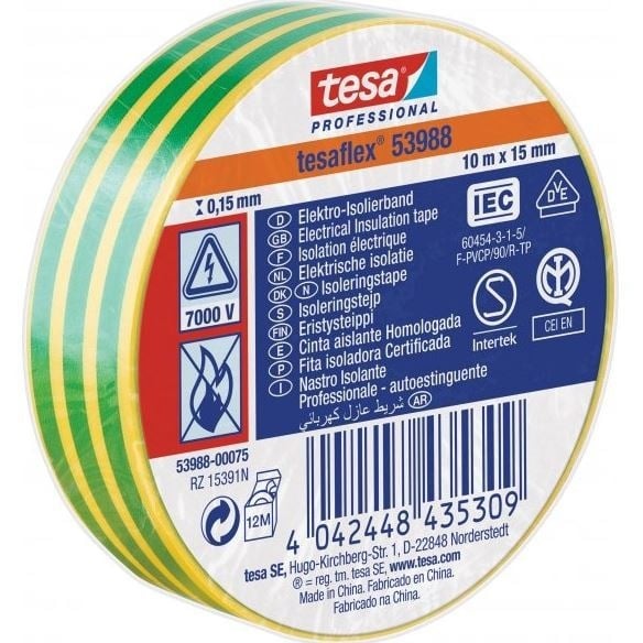 Elektriisolatsioonteip 53988-00081-00 PVC 20m x 19mm kollane-roheline