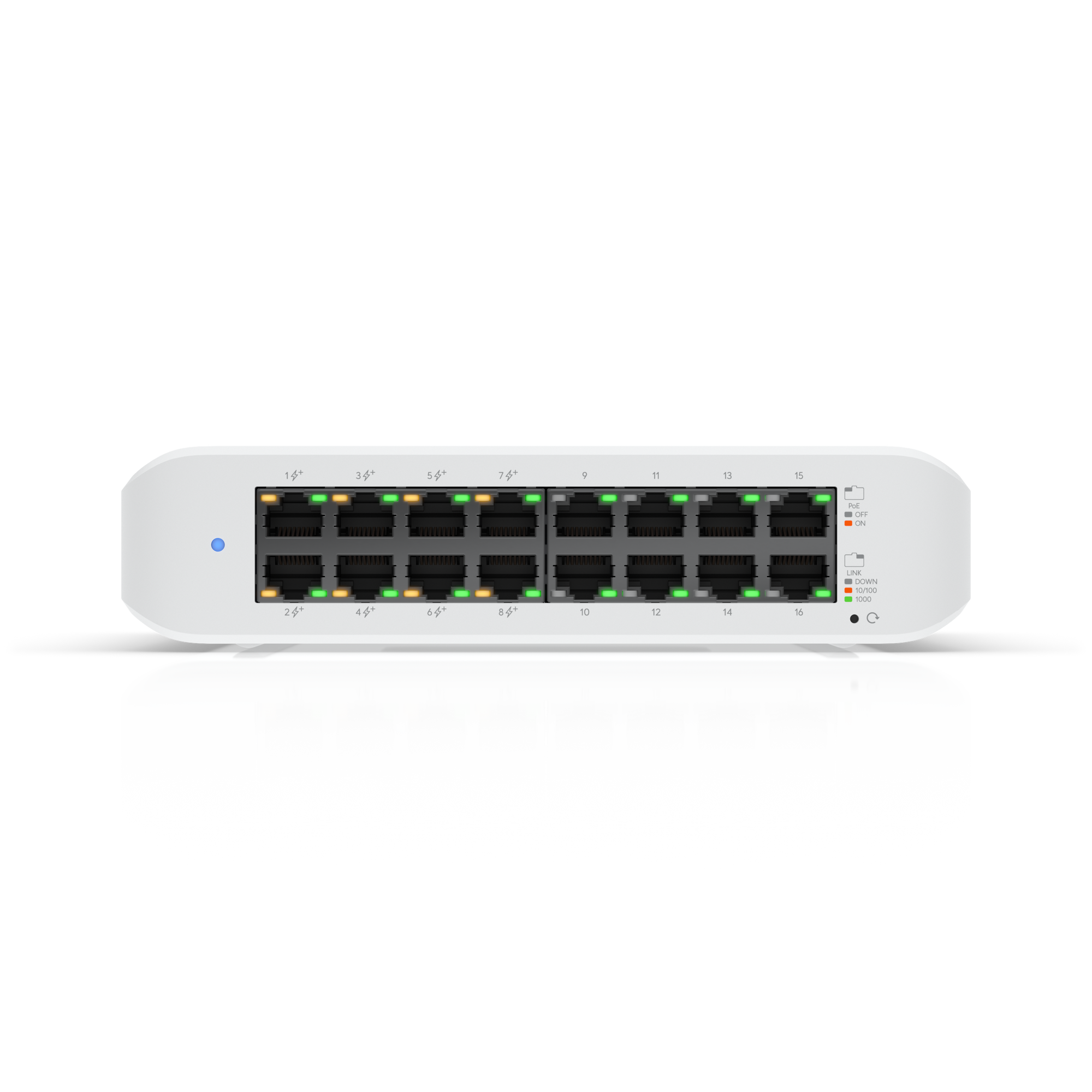Ubiquiti USW-Lite-16-PoE UniFi manageeritav switch • 16 porti (8 PoE+, 45 W) • 19" rack 1U