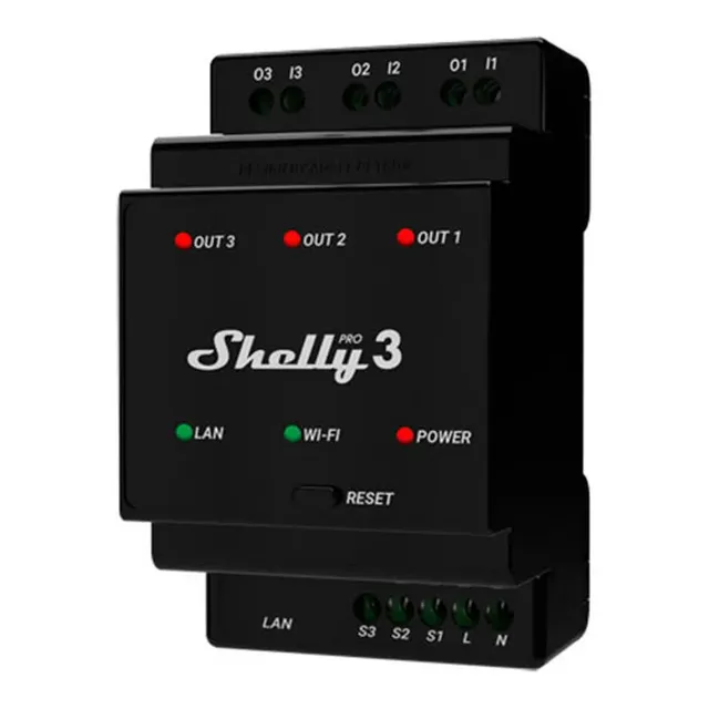 Shelly Pro 3 - DIN-liistule paigaldatav 3-kanaliline nutirelee | kaameramaailm.ee Shelly Pro 3 - DIN-liistule paigaldatav 3-kanaliline nutirelee