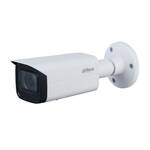 KAAMERAMAAILM.EE - Valge Dahua IPC-HFW2431T-ZS-S2 4MP IP-torukaamera WDR, IR60m, mSD ja 2,7-13,5 mm mootoriga suumiga, millel on must esikülg, on paigaldatud ümmargusele lamedale seinakinnitusele välisvalve jaoks.