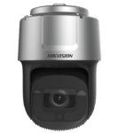 KAAMERAMAAILM.EE - Hikvisioni 4MP PTZ Turret turvakaamera, millel on kuplikujuline, hõbedane ja must disain tavalisel valgel taustal, millel on keskne objektiiv ja nähtav Hikvisioni kaubamärk.