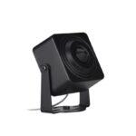 KAAMERAMAAILM.EE - Must ruudukujuline IP-kaamera Longse LMCM36SL200W, Full HD 1080p Pinhole WIFI, millel on ümmargune objektiiv ja mis on paigaldatud reguleeritavale klambrile valgel taustal, mille tagaküljelt ulatub kaabel.