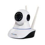 KAAMERAMAAILM.EE - IP-kaamera PYRAMID PYR-SH200XC on valge ja must WiFi kaamera Full HD 1080p resolutsiooniga, integreeritud mikrofoniga, microSD-toega ja "PYRAMID" sildiga esiküljel.