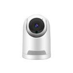 KAAMERAMAAILM.EE - IP-kaamera PYRAMID PYR-SH200TC on ümara, kuppelikujulise valge disainiga, musta objektiiviga, toetab WIFI-d, SmartLife'i ühilduvust ja microSD-mälu, mis on kujutatud tavalisel valgel taustal.