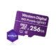 KAAMERAMAAILM.EE - WD Purple microSD 256GB kaart mudelikoodiga QD101 ja kuuekandiline WD Purple'i logo vasakul küljel.