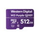 KAAMERAMAAILM.EE - WD Purple microSD 512GB kaart on lilla värvusega, millel on valge tekst, millel on erinevad klassiklassid.