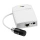 KAAMERAMAAILM.EE - Axis P1214-E on väike valge võrgukaamera, millel on ühendatud must silindriline kaamera objektiiv, Ethernet-port ja toite sisend.