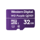 KAAMERAMAAILM.EE - WD Purple 32 GB microSD-kaart on näidatud lilla värviga, millel on tulemuslikkuse ikoonid.