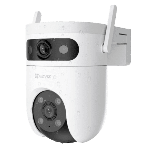KAAMERAMAAILM.EE - Kahel objektiivil EZVIZ H9C 5MP pöördkaamera 2026, valge, kahe antenniga ja seinakinnitusega, veetilkadega kaetud ning lihtsal taustal.