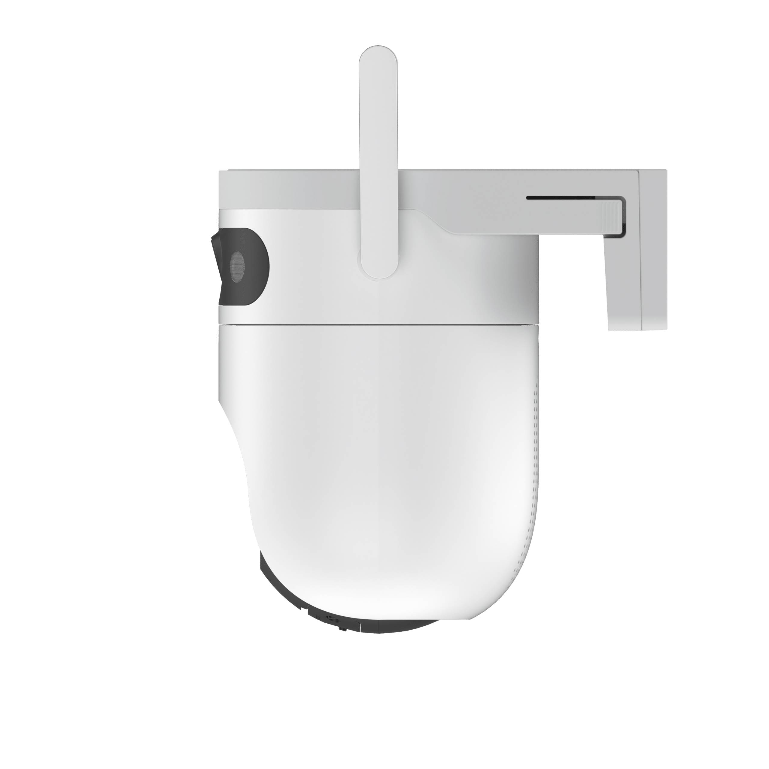 EZVIZ H9C 5MP kahe objektiiviga pöördkaamera 2026 4 KAAMERAMAAILM.EE - EZVIZ H9C 5MP kahe objektiiviga pöördkaamera 2026, valge, ümarate alustega siseruumide turvakaamera, on paigaldatud lihtsale valgele seinakinnitusele ja näidatud küljelt tavalise tausta taustal.