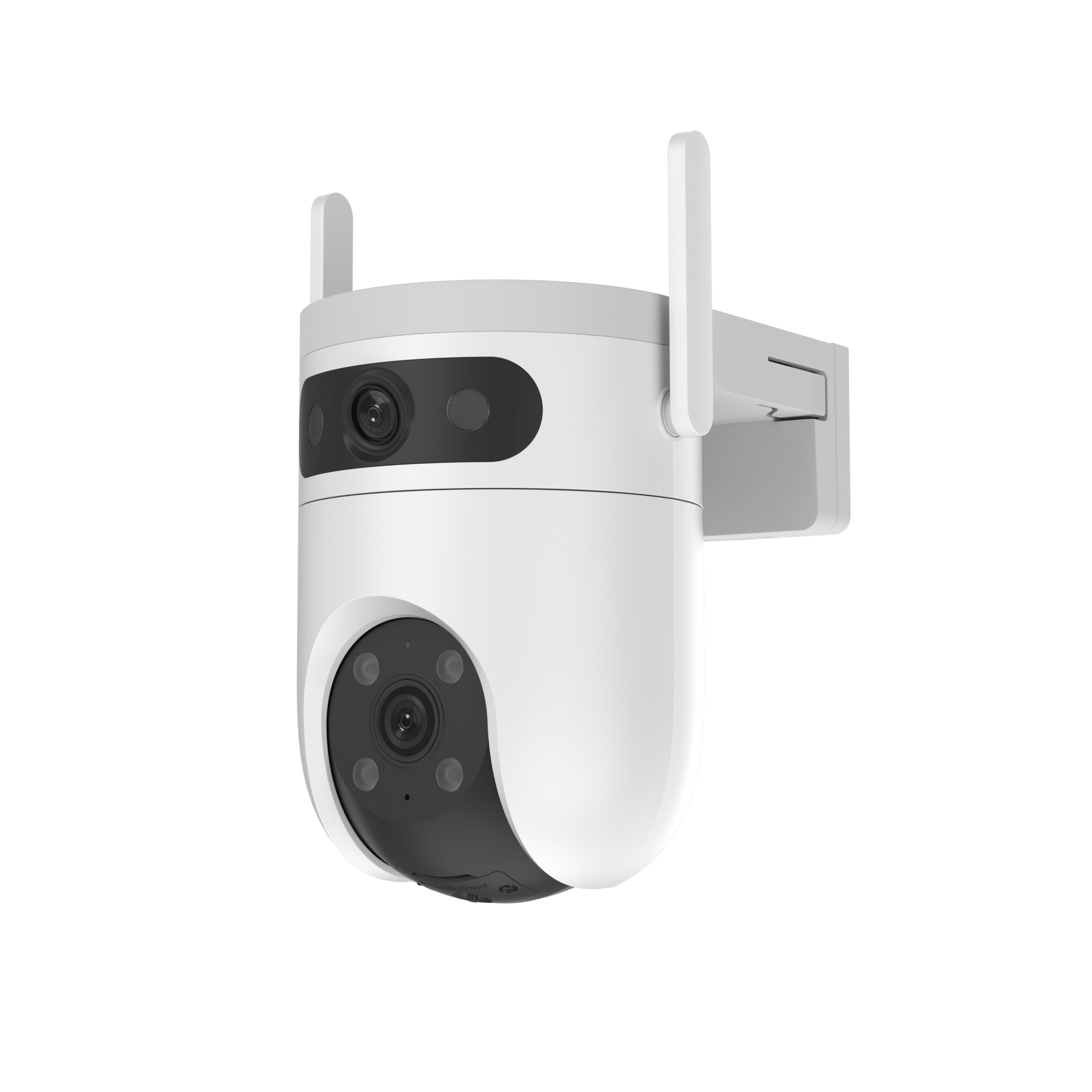 EZVIZ H9C 5MP kahe objektiiviga pöördkaamera 2026 6 KAAMERAMAAILM.EE - Valge, kaasaegne EZVIZ H9C 5MP kahe objektiiviga pöördkaamera 2026 koos kahe antenniga on paigaldatud seinakinnitusele tavalise valge taustaga.
