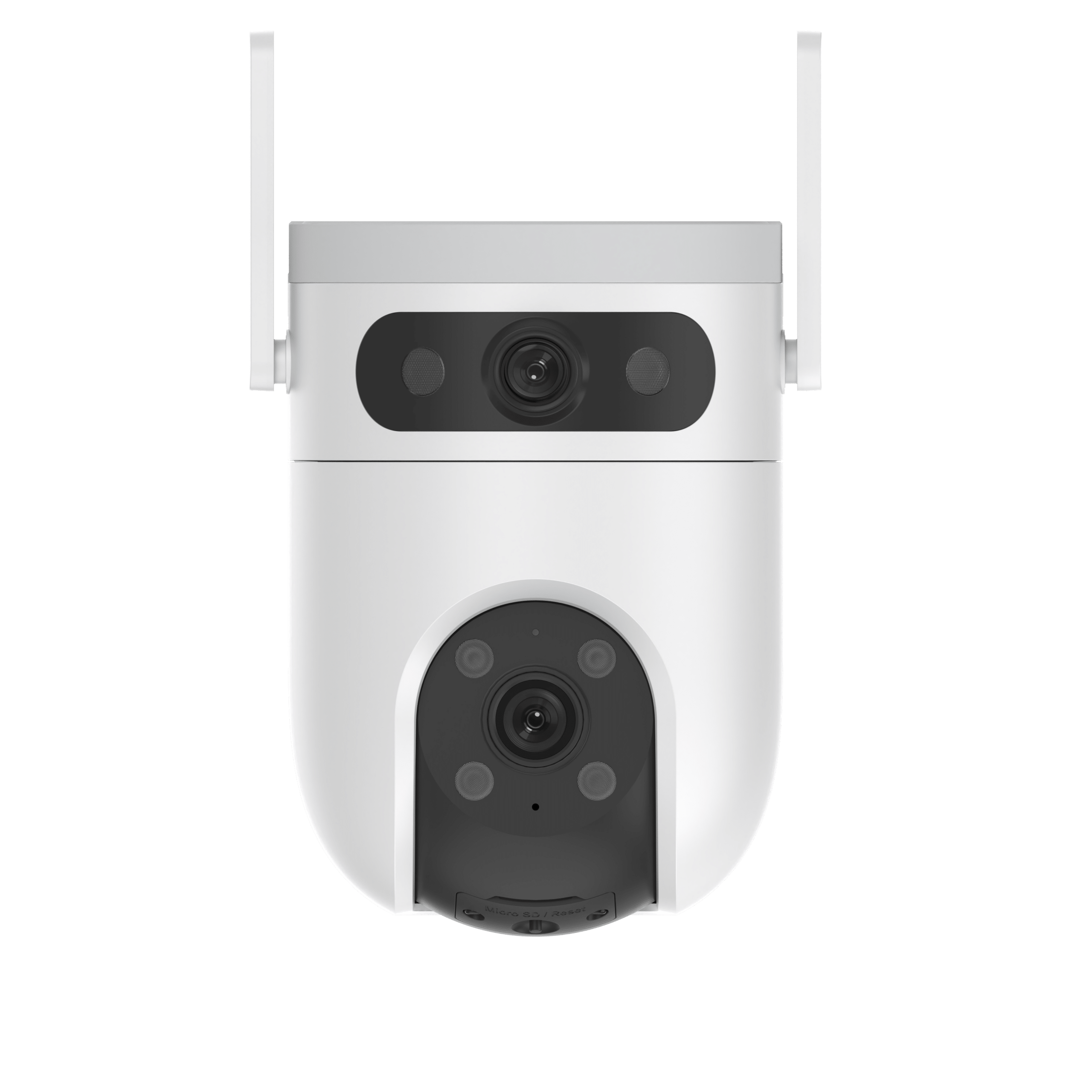 EZVIZ H9C 5MP kahe objektiiviga pöördkaamera 2026 9 KAAMERAMAAILM.EE - Valge EZVIZ H9C 5MP kahe objektiiviga pöördkaamera 2026, millel on kaks antenni, must objektiivi ala ja ümar alus, on kujutatud näoga ettepoole tavalisel valgel taustal.