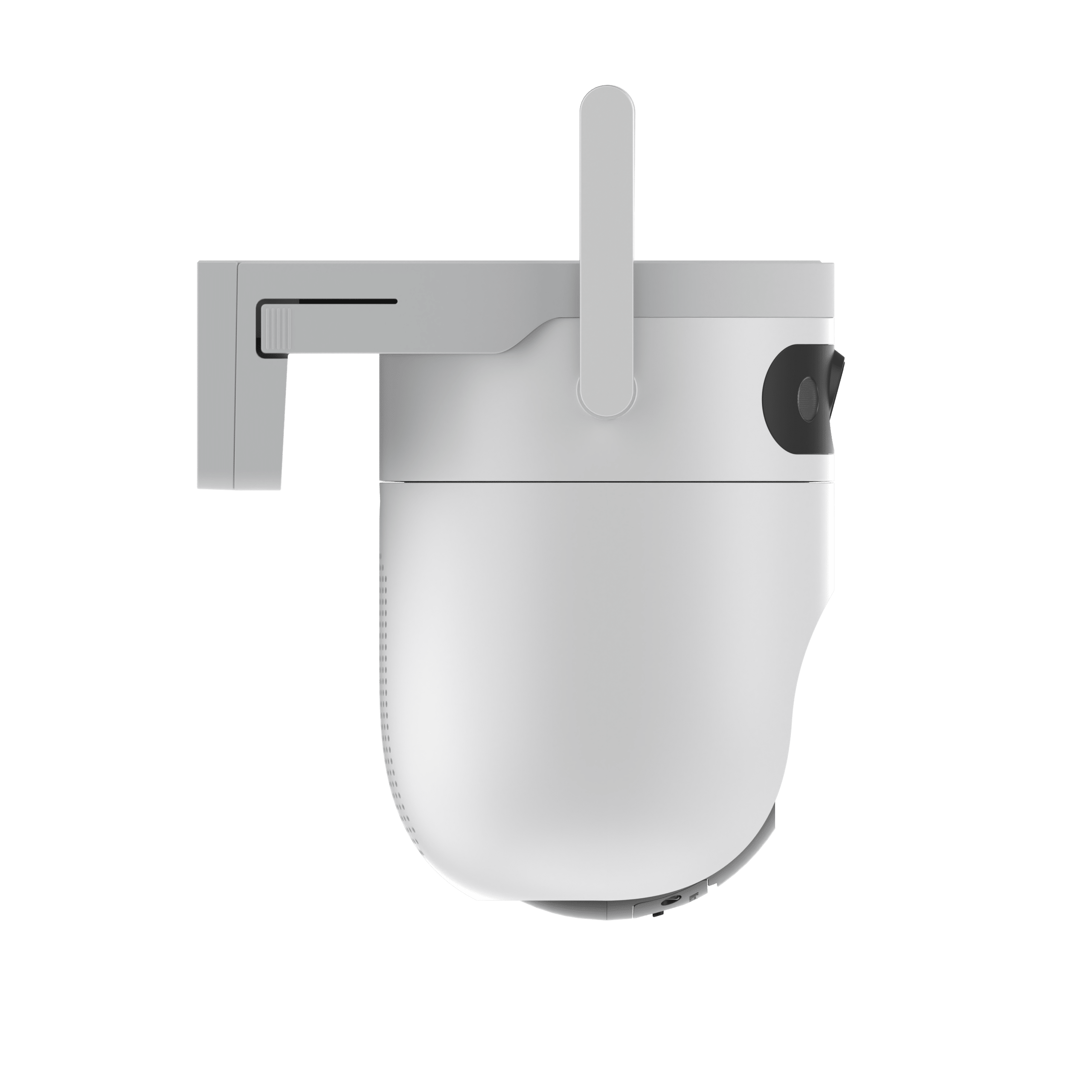 EZVIZ H9C 5MP kahe objektiiviga pöördkaamera 2026 10 KAAMERAMAAILM.EE - Moodne valge EZVIZ H9C 5MP kahe objektiiviga pöördkaamera 2026, millel on ümar korpus ja must objektiiv, on paigaldatud seinakinnitusele, näidatud küljelt, rõhutades selle täiustatud selgust tavalise heleda tausta taustaga.